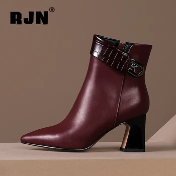 

RJN Women's Ankle Boots Heels Pointed Toe Fashion Wine Red Genuine Leather Zipper Elegant Warm Winter 2020 New Women Shoes RO443