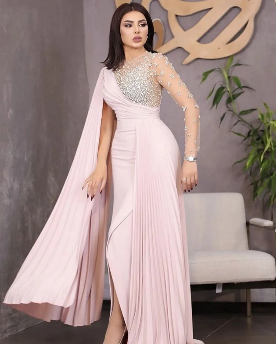 

Pink Illussion O Neck Beaded Evening Dresses 2021 Long Sleeve Pleated Arabic Special Occasion Prom Party Gowns Vestidos Feast
