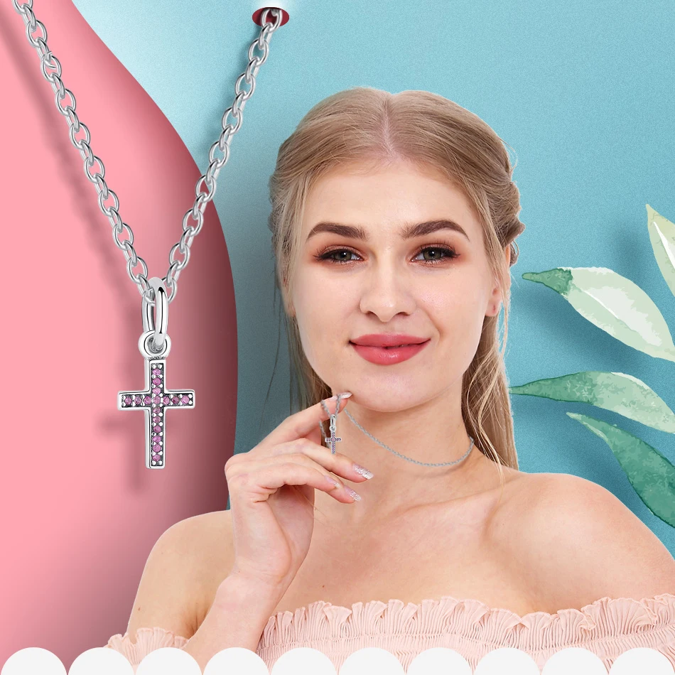 FOREWE Мода Кристалл Шарм розовый и синий подвеска-талисман в виде креста fit Pandora Шарм 925 Серебряный женский ювелирный браслет сделай сам