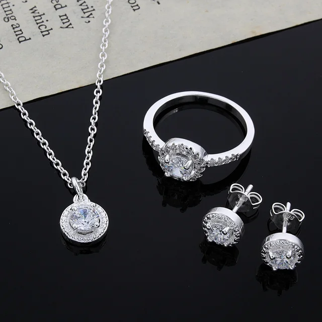 925 Sterling silver Cute Solid Christmas gift noble fashion elegant women shiny crystal CZ necklace earring ring jewelry Set 1