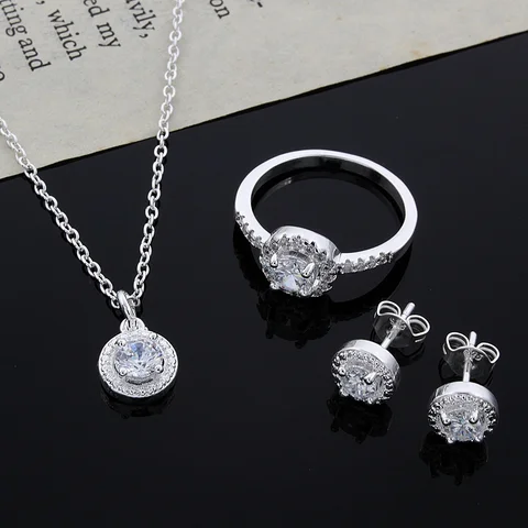 Sterling silver Cute Solid Christmas gift noble fashion elegant women shiny crystal CZ necklace earring ring jewelry Set