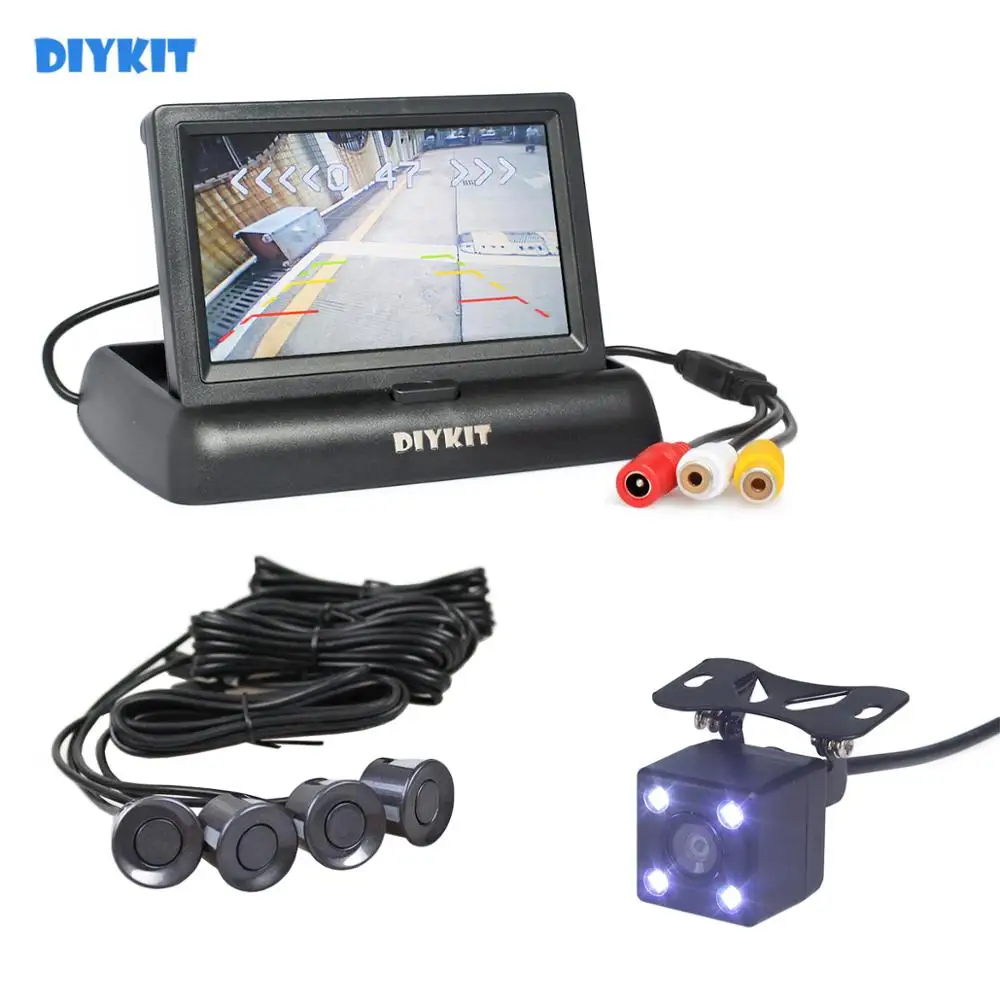 DIYKIT 4 x датчики 4," Складной автомобильный монитор заднего вида комплект+ 4 парковочных радара+ камера заднего вида Видео парковочный радар