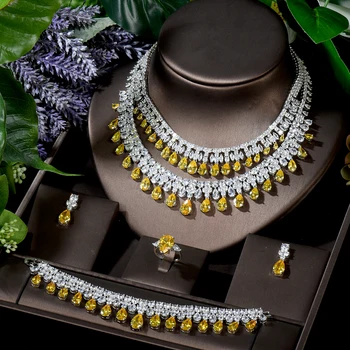 HIBRIDE Luxury 4pcs Earrings and Necklace Jewelry Set  Water Drop Yellow Color Women Bridal Wedding Jewelry Accessories N-1296