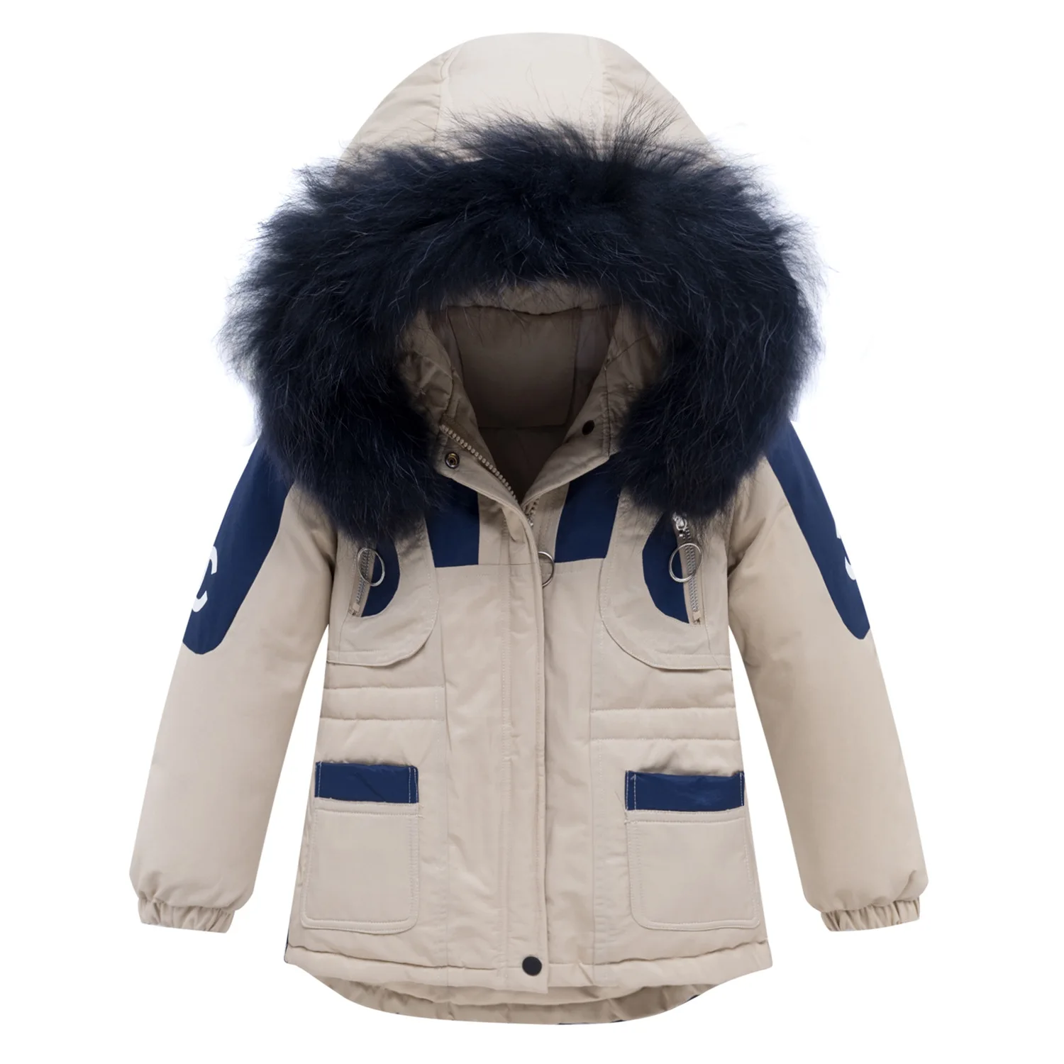 Детская зимняя верхняя одежда для мальчиков, теплое пальто, детская одежда, ветронепроницаемые утепленные куртки на утином пуху для мальчиков, русская зимняя детская куртка - Цвет: Бежевый