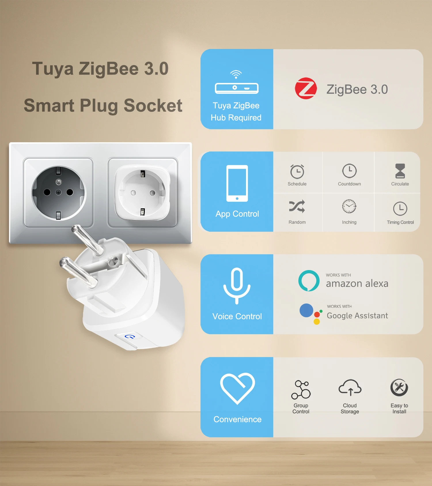 Tuya ZigBee 3.0 Smart Power Plug 16A Wireless App Voice Remote Control Socket Energy