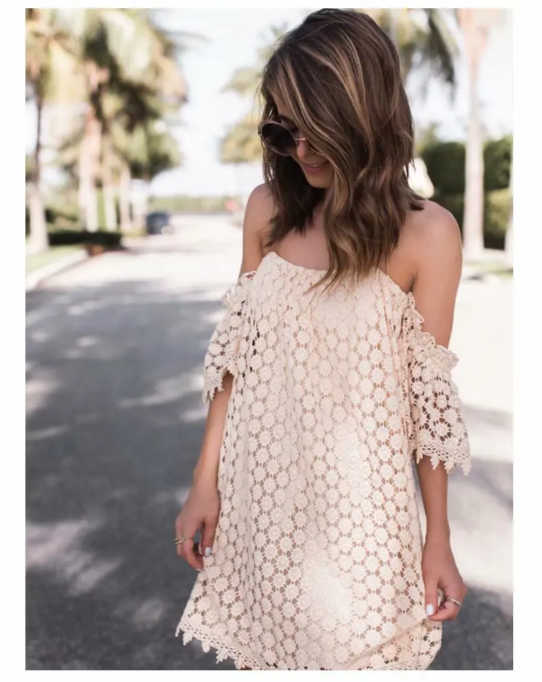 

Western Style 2018 Summer New Style Vacation Style Horizontal Neck off-Shoulder Loose-Fit Lace Strapped Dress Women's J8286