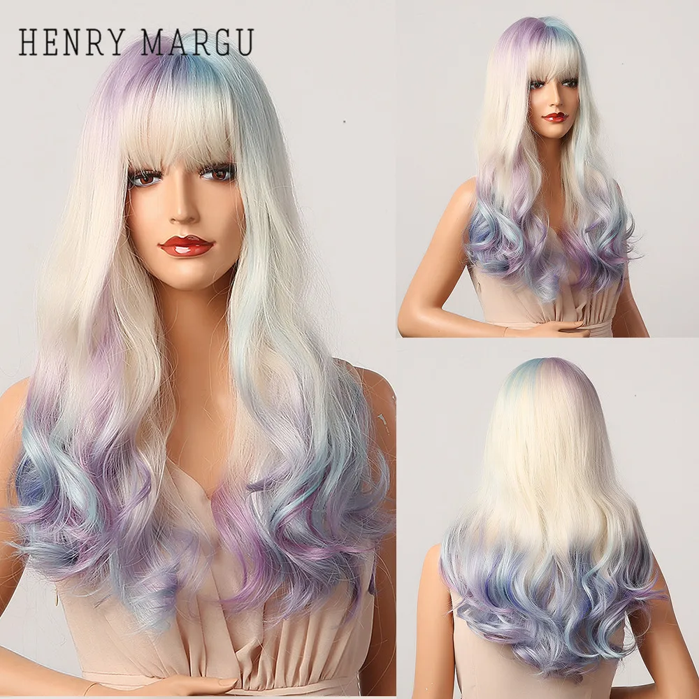 

HENRY MARGU Long Wavy Synthetic Wigs Ombre Blue Purple Platinum Blonde White Cosplay Wigs with Bangs for Women Heat Resistant