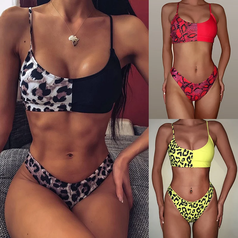 

2019 Sexy Leopard Patchwork Bikini Swimwear Women Swimsuit Bandeau Push Up Bikini Set Brazilian Bathing Suits Summer Beach Wear