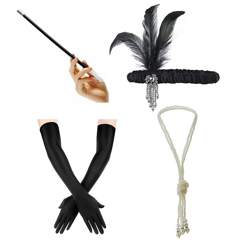 1920s accessories Женские платья размера плюс в стиле Гэтсби с блестками в стиле арт-деко, черные платья 1920s с v-образным вырезом, украшенные бисером и бахромой - Цвет: 1920s accessories