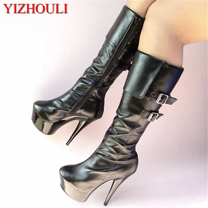 

Super high heel 15cm boots, ladies platform shoes with double buckle in the middle, sexy model and knee high heels of 6in