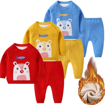 

New Winter Knitting Baby Sets 2pcs Lovely Cartoon Pullover Warm Tops+Pants Cotton Padded Thick Infant Boys Girls Sweater Suits