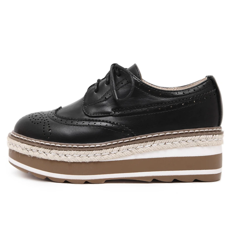 

Fall 2019 New Korean Thick Bottom British Retro Fashioned Black Flat-soled Business lace-up Womens Leather luxury Platform Shoes