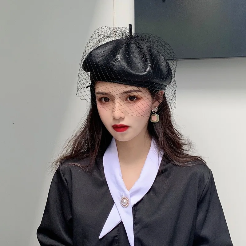 French Elegant Fascinating Black Hat Chic Leather French Beret with