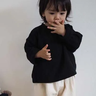 VV318 black Новинка года; Японская Повседневная Блузка для маленьких мальчиков и девочек; льняная верхняя одежда с длинными рукавами; Осенняя детская футболка - Цвет: VV318 black