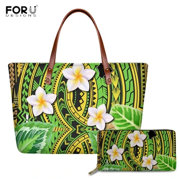 

FORUDESIGNS New Design Luxury Shoulder Bags 2pcs/set Polynesian Tribal Plumeria Prints Purse Wallets for Women Travel Handbags