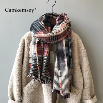 

CamKemsey Autumn Winter Imitation Cashmere Scarves For Women Fashion Vintage Plaid Thick Warm Pashmina Scarves Female Shawl