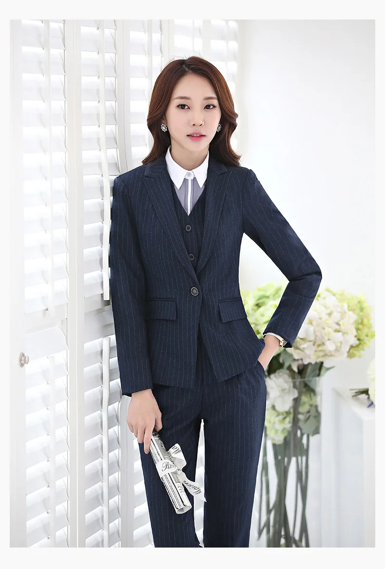 blue and trouser Женский офисный костюм Осень женский темперамент черного размера плюс пиджак Повседневный комплект из двух предметов - Цвет: blue and trouser