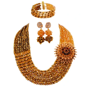 

Majalia classic fashion Nigerian wedding African jewelry set Golden brown and Gold ab crystal necklace bridal jewelry sets