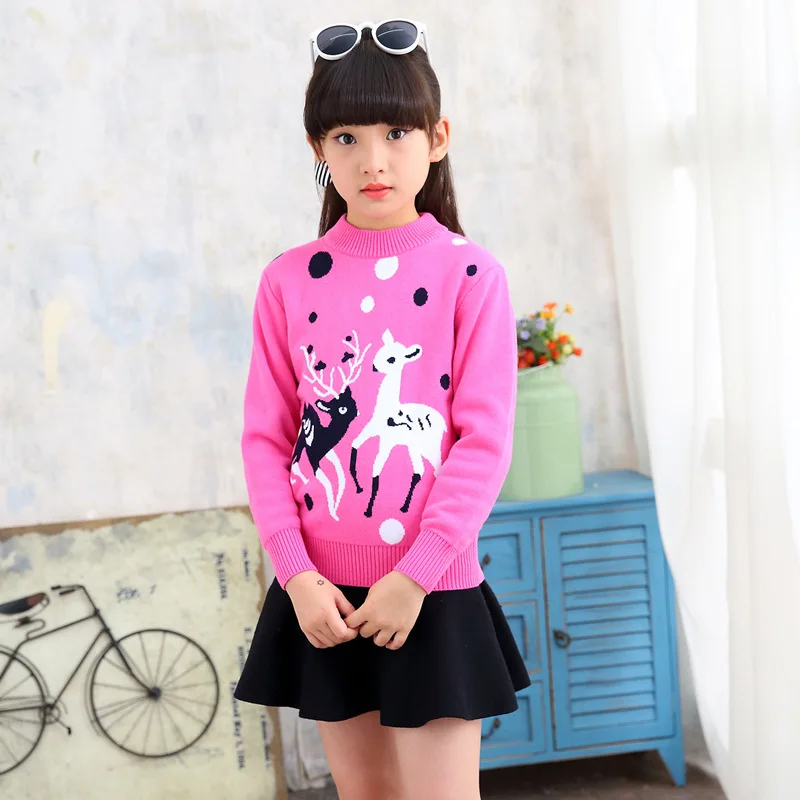 

2019 Autumn And Winter New Style Girls Cartoon Knitted Sweater Double Layer Thick Crew Neck Warm Pure Cotton Sweater Middle And
