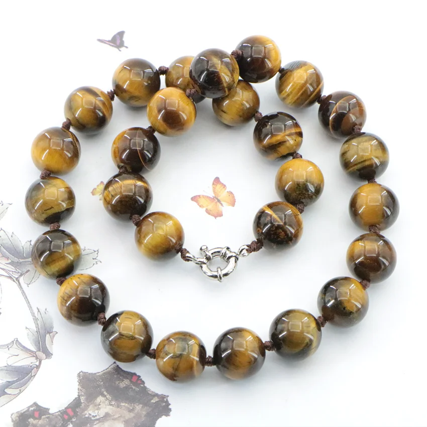 Natural 6-14mm Tiger Eye Stone Necklace Round Loose Beads Gems Stone Women Girls Wedding Christmas Gifts Jewelry Wholesale 18 “
