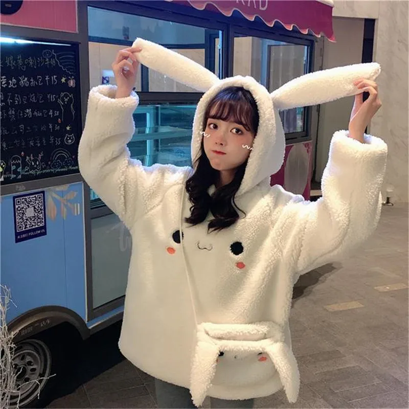 Женские теплые толстовки с капюшоном длинным рукавом и милым кроликом Kawaii