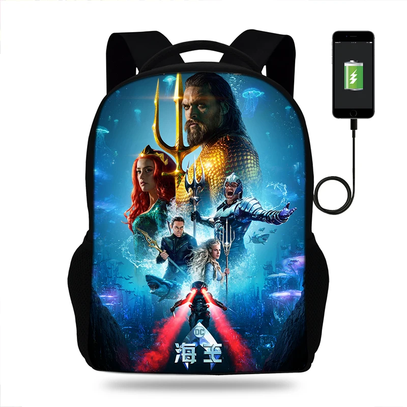17 дюймов Aquaman рюкзак с принтом из фильма мужские и женские рюкзаки с usb-портом для подростков мальчиков школьные сумки ноутбук повседневные
