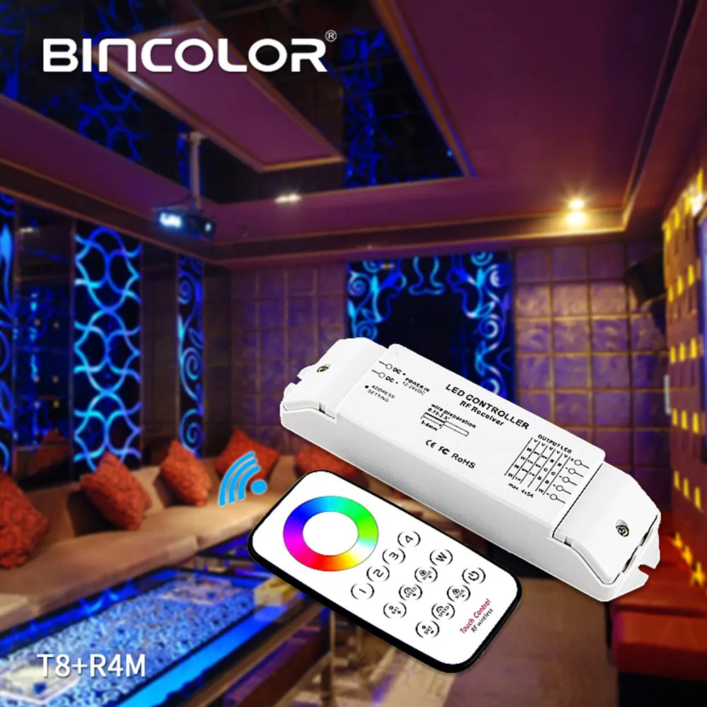 Bincolor T8+ R4M DC12V-24V многозонный rgbw-контроль Max 5x4A RF беспроводной пульт дистанционного управления+ приемник контроллер для светодиодной ленты