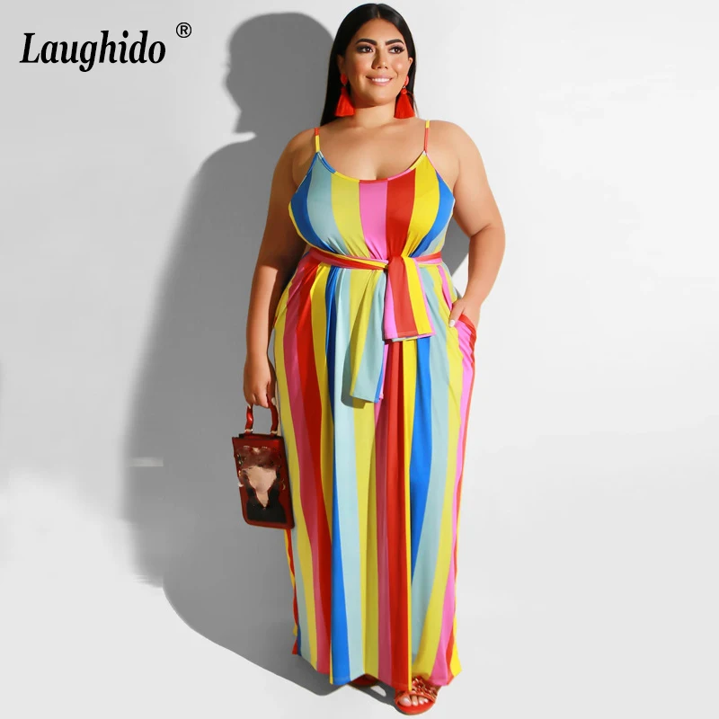 

Laughido Plus Size Striped Maxi Dress Spaghetti Strap Belt Straight Vestidos Backless Loose Sundress Beach Boho Outfits Women