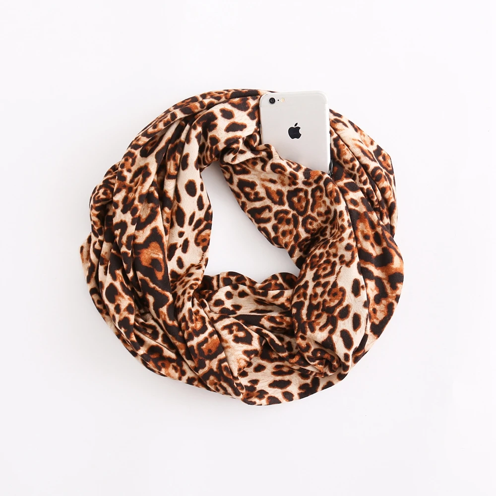 leopard brown HanXi модный потайной Карманный шарф на молнии для женщин Путешествия леопардовые хрустальные Шарфы Мягкий унисекс шарф-кольцо - Цвет: leopard brown