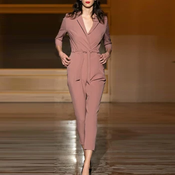 

HIGH STREET New Fashion 2020 Designer Jumpsuit Women's Short Sleeve Tailored Collare Simplicity Elegance Pocket Pink Jumpsuit