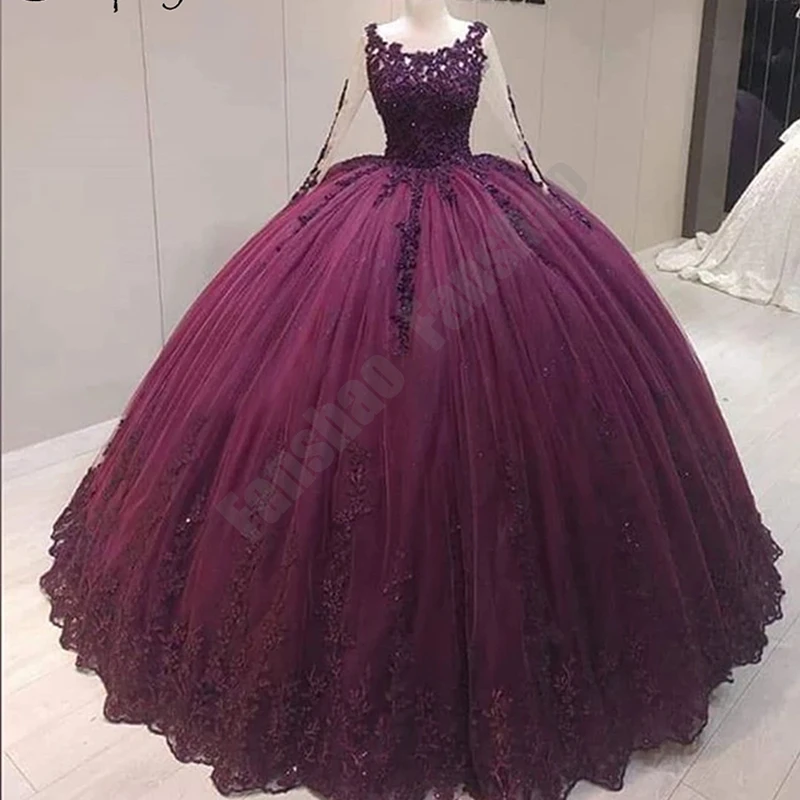 Exquisite Purple Prom Dress Scoop Neck Full Sleeve Ball Tulle Vestido Beads  Sequin Appliques Middel East Robe De Soiree - Prom Dresses - AliExpress