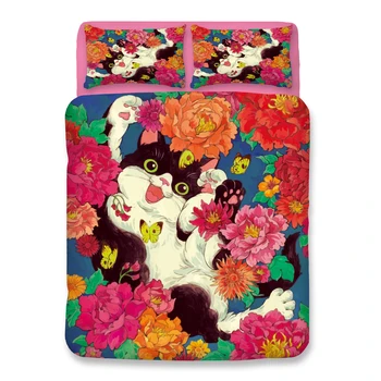 

Flowers Cat Bedding sets twin queen king Quilt Cover cute Pillow Case single double girls duvet cover set cartoon bedclothes