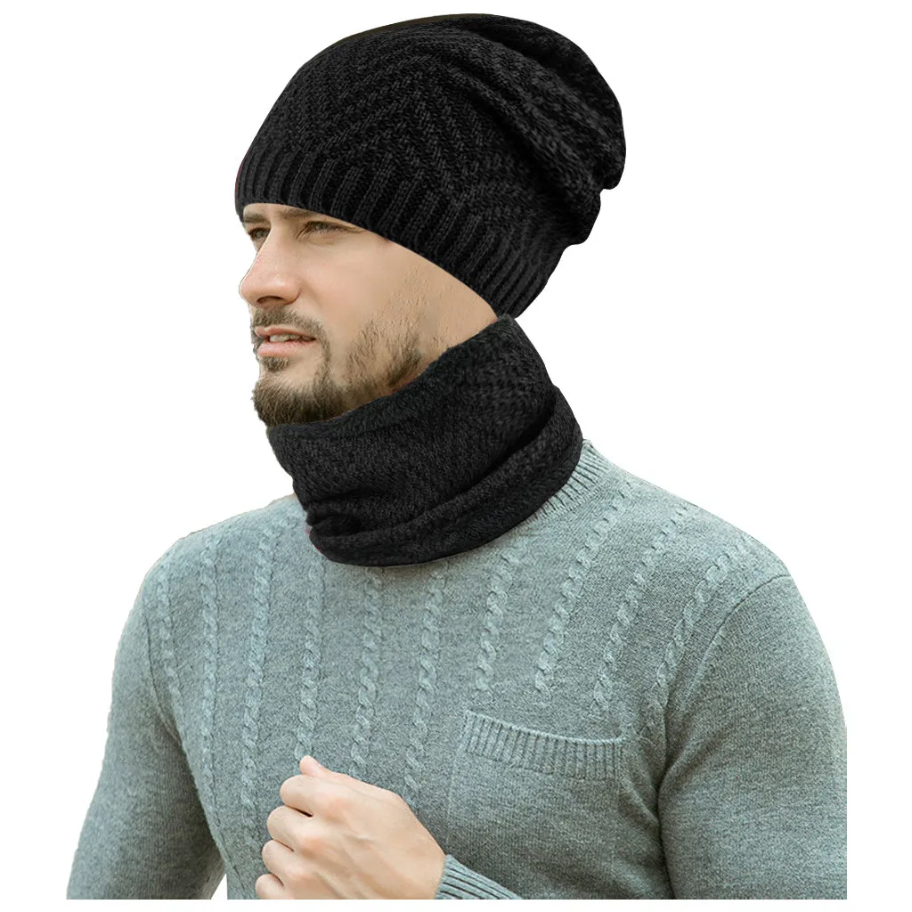 Зимняя шапка бини для мужчин и женщин, шапка, шарф, теплый шарф и шапка, набор для мужчин и женщин, шапка, шарф, набор, вязаная ветрозащитная шапка - Цвет: BK