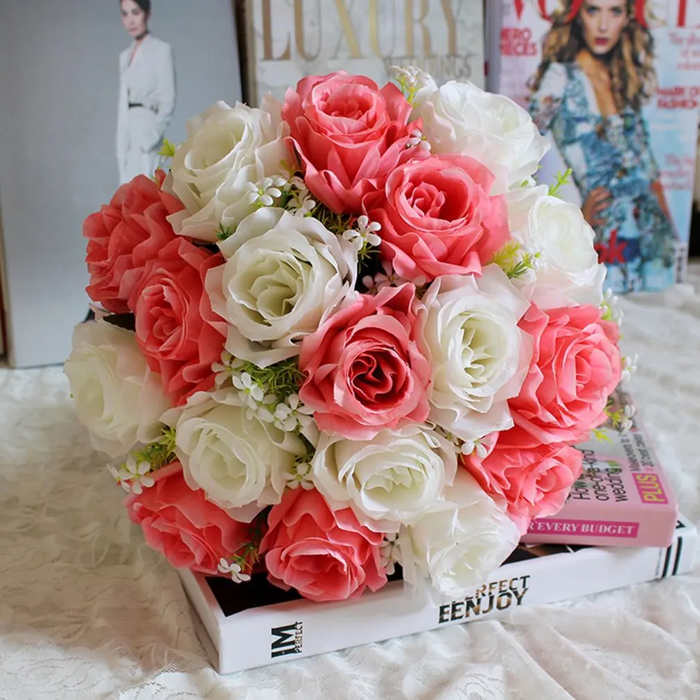 white and rose red Искусственный имитационный игрушечный букет Европейская гостиная спальня стол искусственный цветок для декорирования бутон Цветочная композиция - Цвет: white and rose red