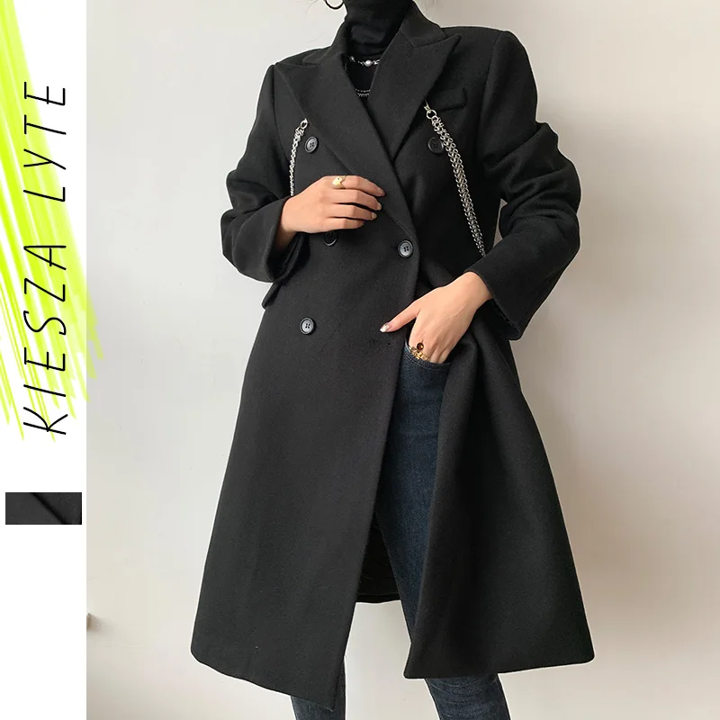 

Women Black Wool Coat Runway Fashion Silver Chain Thicken Long Jackets Solid Coats Wool Overcoats Female Outwear High Quality