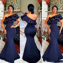 

Women's Long Satin Bridesmaid Dresses One Shoulder Ruffles Elegant Wedding Robe for Guests Mermaid Floor Length Bridal Companion