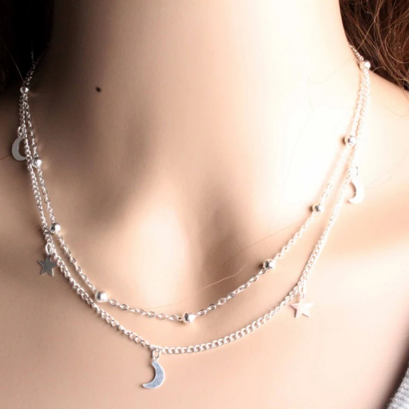 

Wedding Necklaces Pendants Layering Chokers Boho Gold Silver Color Star Moon Bead Multilayer Chockers Necklace For Gift Women N
