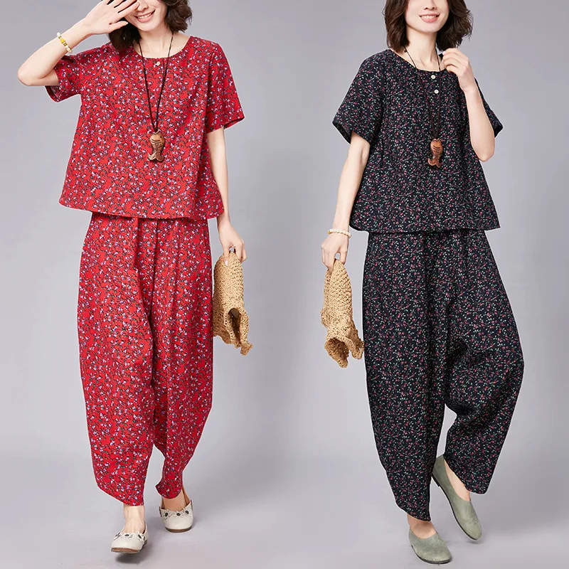 

Photo Shoot Summer New Style Large Size Cotton Linen Fashion Set Retro Short Sleeve Harem Pants Large Size Two-Piece Set