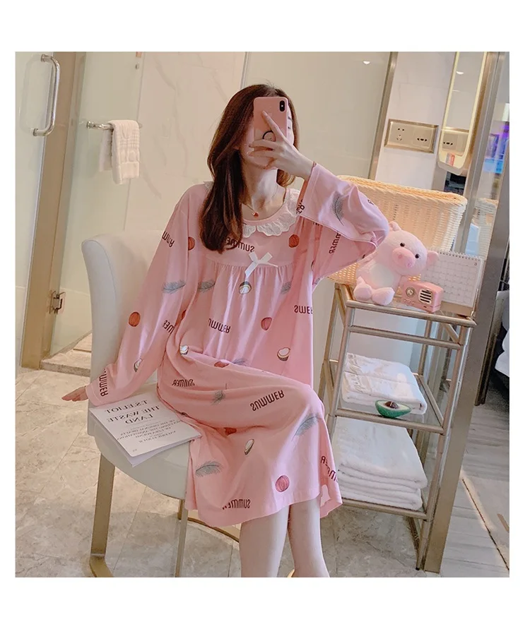 Spring Autumn Casual Plaid Cotton Nightgowns for Women Long Sleeve Loose Night Dress Home Dress Sleepwear Nightdress Nighty