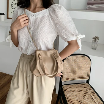 

Casual Pleated Crossbody Bag PU Women Chain Small Bucket Shoulder Handbag Solid Ladies Small Messenger Handbag Female Gift 2020