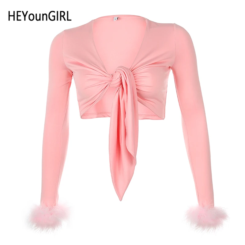Розовый HEYounGIRL пикантные футболки с V образным вырезом для женщин розовые перья короткий топ с длинным рукавом модные Базовые Женские футболки топы уличная одежда - Цвет: Розовый