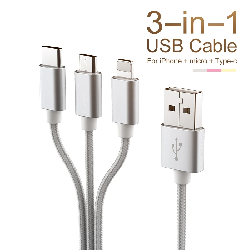 ROCK 3 в 1 USB кабель для iPhone samsung Xiaomi Micro usb type C кабель зарядного устройства для мобильного телефона Android шнур Быстрая зарядка