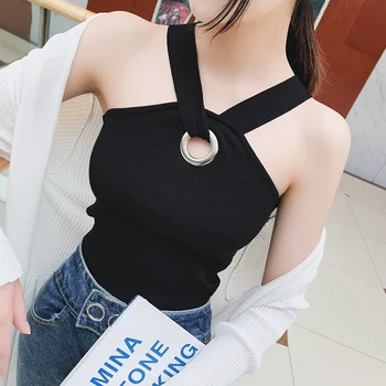 

new women Chic Ring Neck Knitting vest shoulder-hanging suspender ice-silk summer vest female girls short design Camis Tank Tops