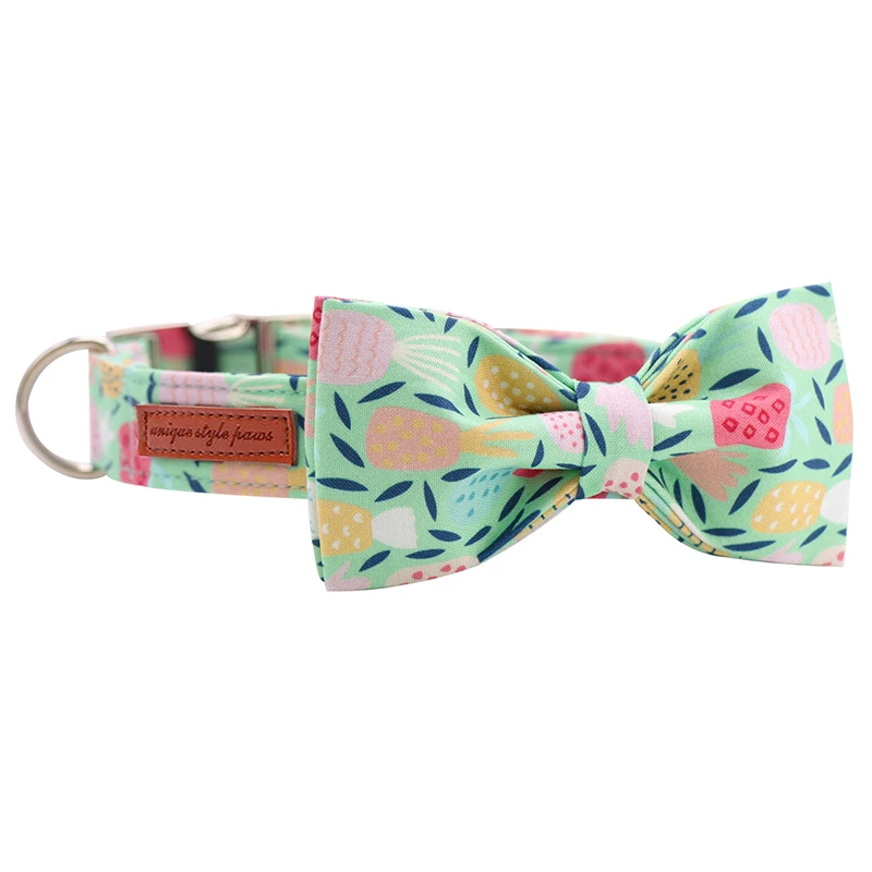 Pineapple Green Cotton Fabric Dog Collar And Leash Set With Bow Tie For