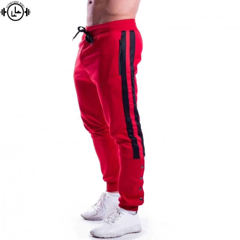 

Gym Mens Sportswear black strips Sports Pants Men Running Workout Cotton Trousers Fitness Joggers Zipper Pockets Pants