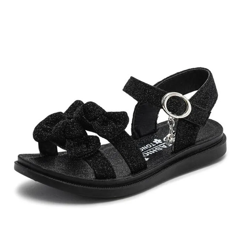 black Weoneit/ новая модная одежда для девочек сандалии с украшениями блестящие туфли черного и серого цвета для принцессы, туфли на плоской подошве для девочек с бантом для маленьких детей удобные сандалии для девочек - Цвет: black