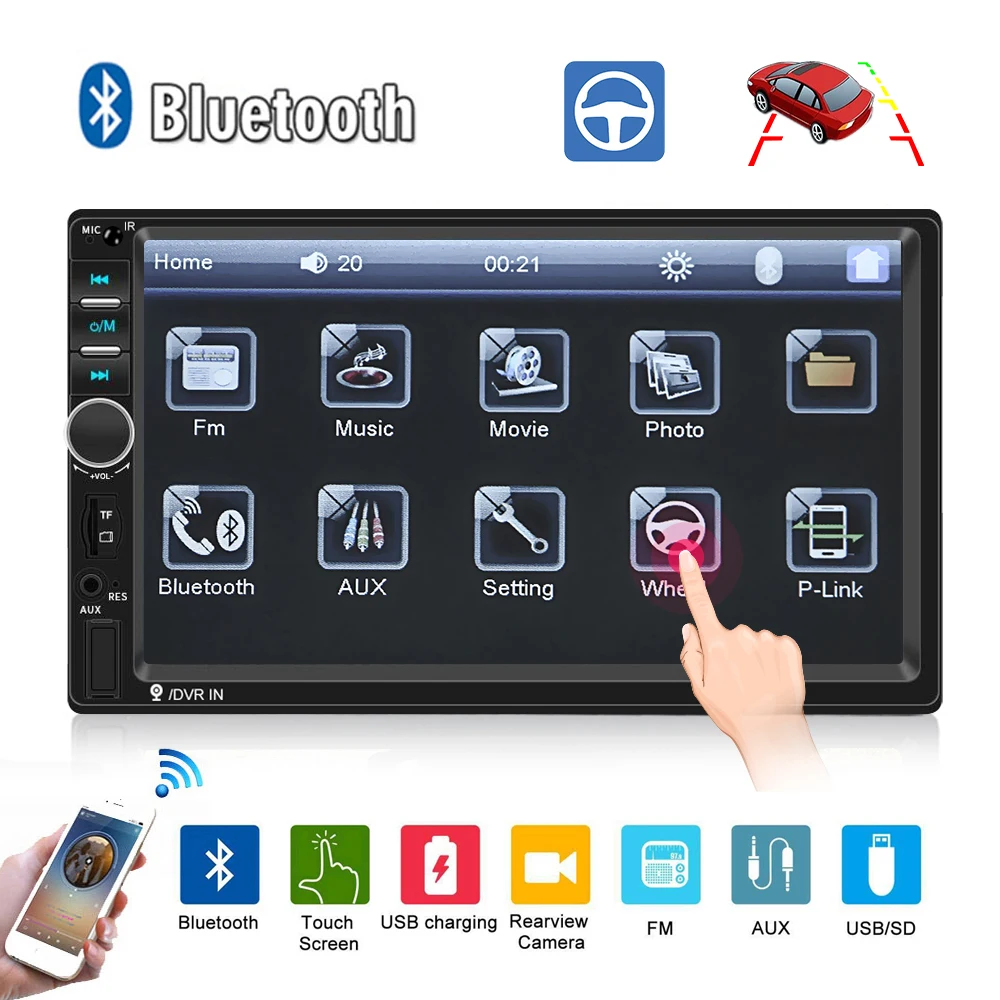 2 Din автомагнитола Bluetooth 7 дюймов сенсорный экран стерео FM аудио стерео MP5 плеер SD USB с камерой 12 в HD