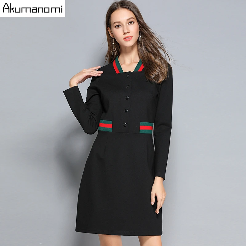 

Autumn Winter Dress V-neck Full Sleeve Black Straight Brief Mini Rib Patchwork Women Clothes Spring Dress Plus Size Robe Femme