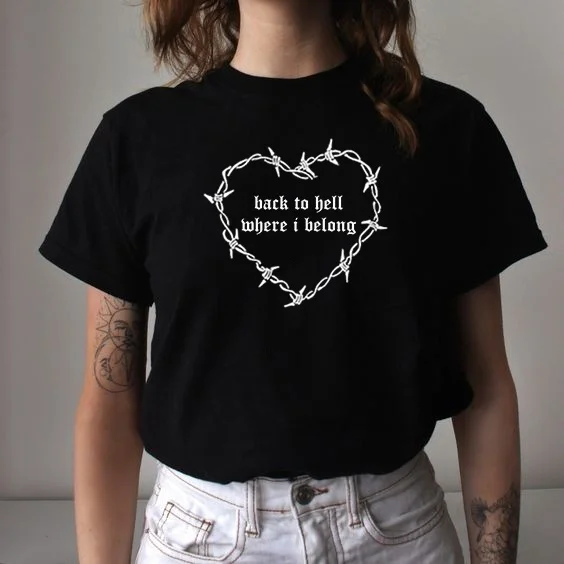 Kuakuayu HJN Back To Hell, где я принадлежу, Футболка женская Tumblr Мода 90s Cyber футболка с готическим рисунком Повседневная рубашка с короткими рукавами