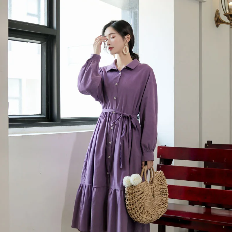 

2020 Spring Shirt High Waist Sashes Autumn Skater Midi Dress Office Casual Elegant Dresses Female For Women Robe Femme Vestidos